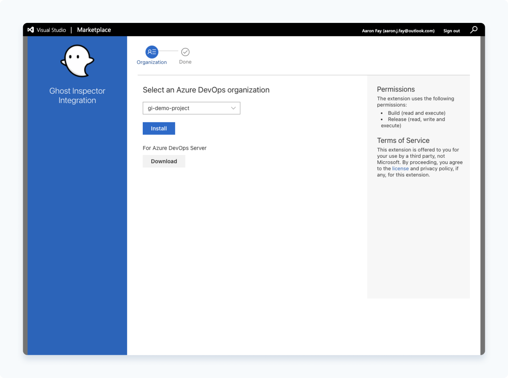 Add Ghost Inspector Integration extension to your Azure DevOps account