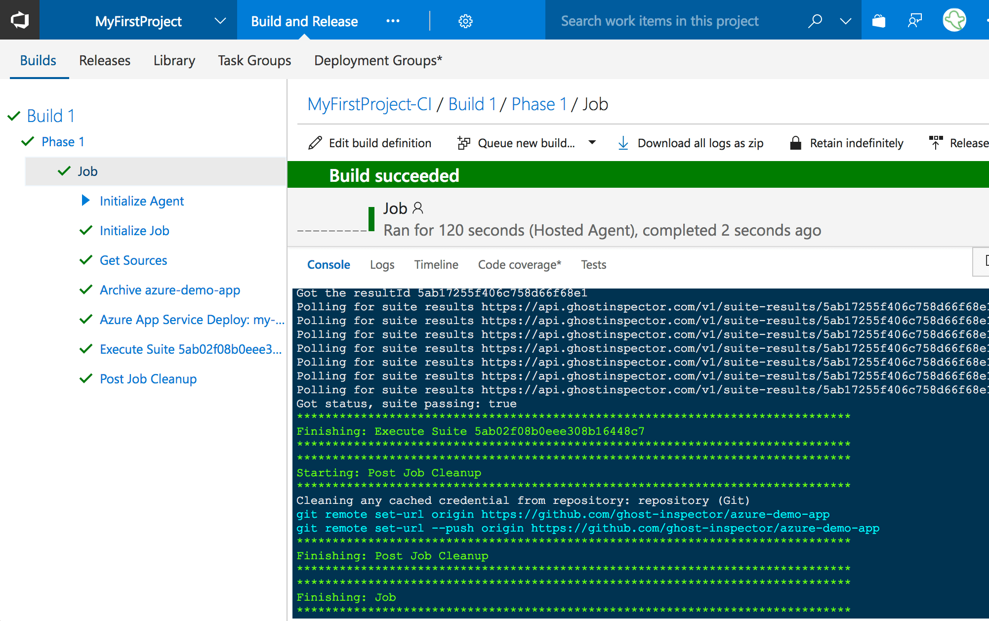 The VSTS build logs