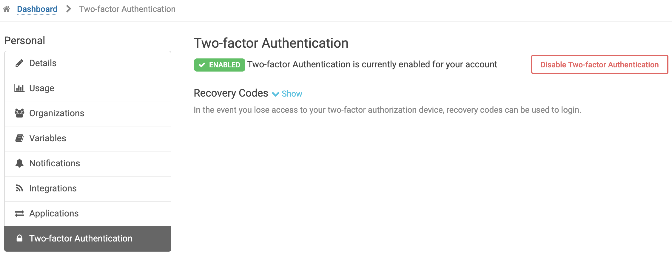 Two-factor Authentication settings when enabled