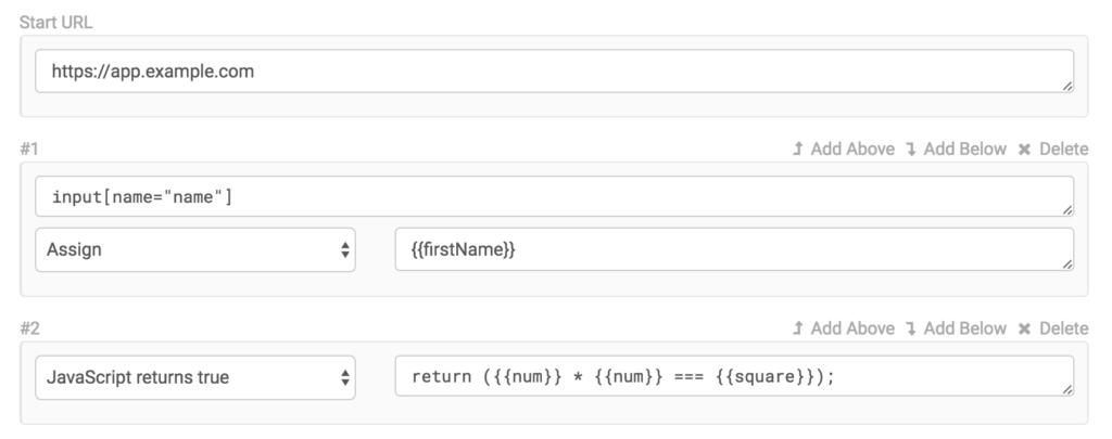 screenshot of test variable parameters in Ghost Inspector