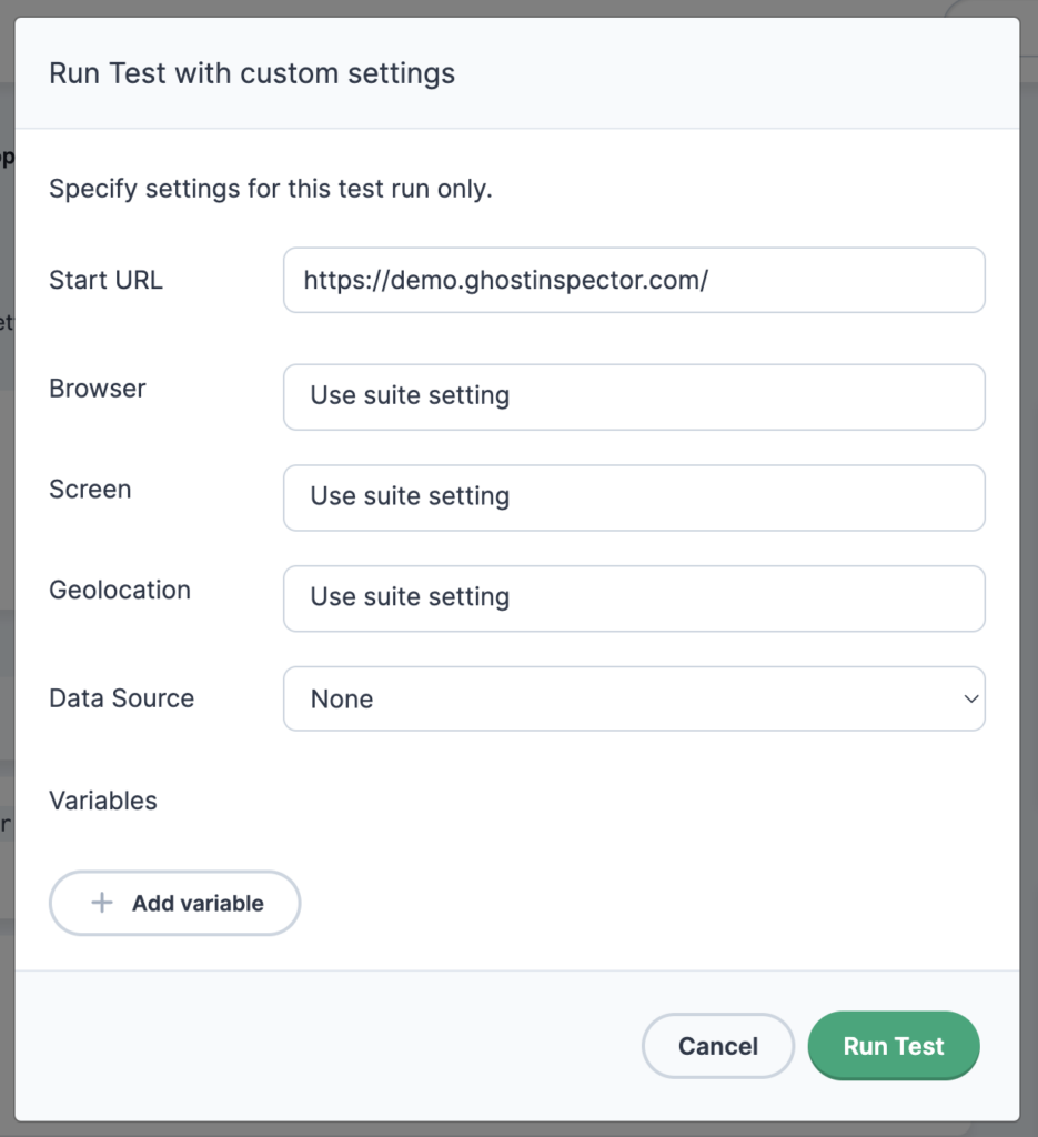 "Run test with custom settings" variable pop-up box 
