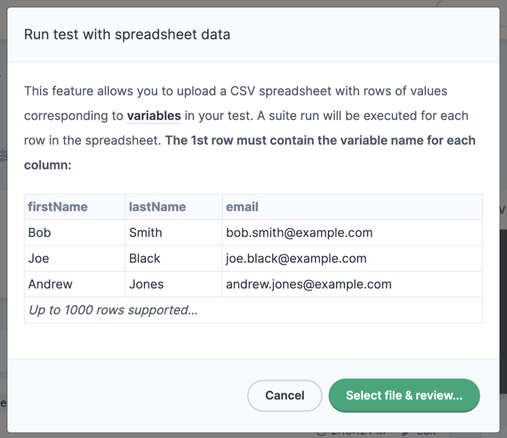 confirmation box for "Run test with spreadsheet data" feature