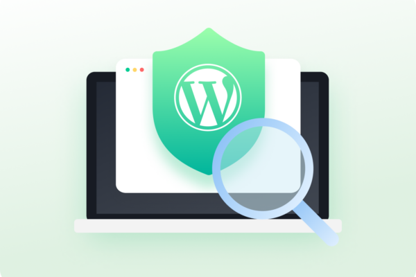 WordPress symbol on a computer screen with magnifying glass representing WordPress automated testing.
