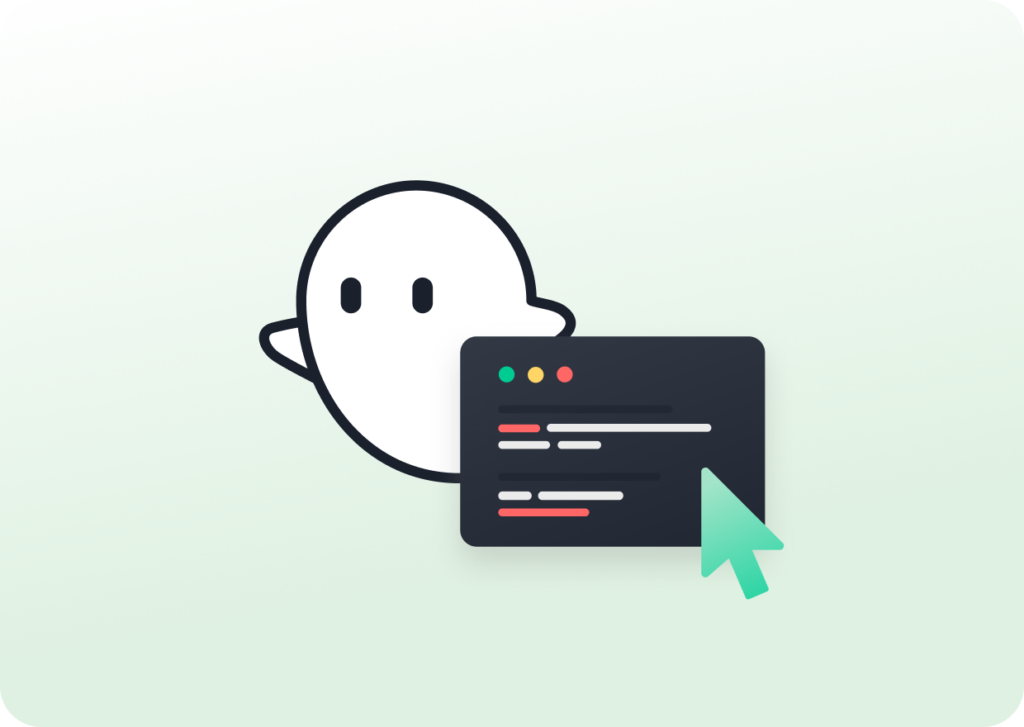 Ghost Inspector mascot Ghostie with coding graphic and mouse pointer