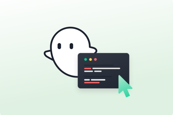 Ghost Inspector mascot Ghostie with coding graphic and mouse pointer