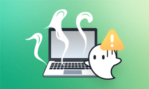 Ghostie with a laptop with smoke plumes coming out of it