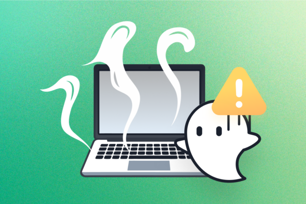 Ghostie with a laptop with smoke plumes coming out of it