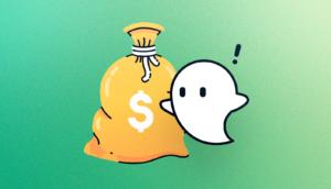 ghostie with exclamation above head, next to a giant money bag