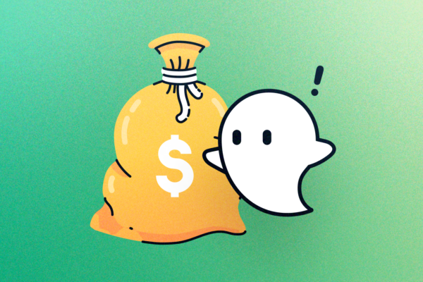 ghostie with exclamation above head, next to a giant money bag