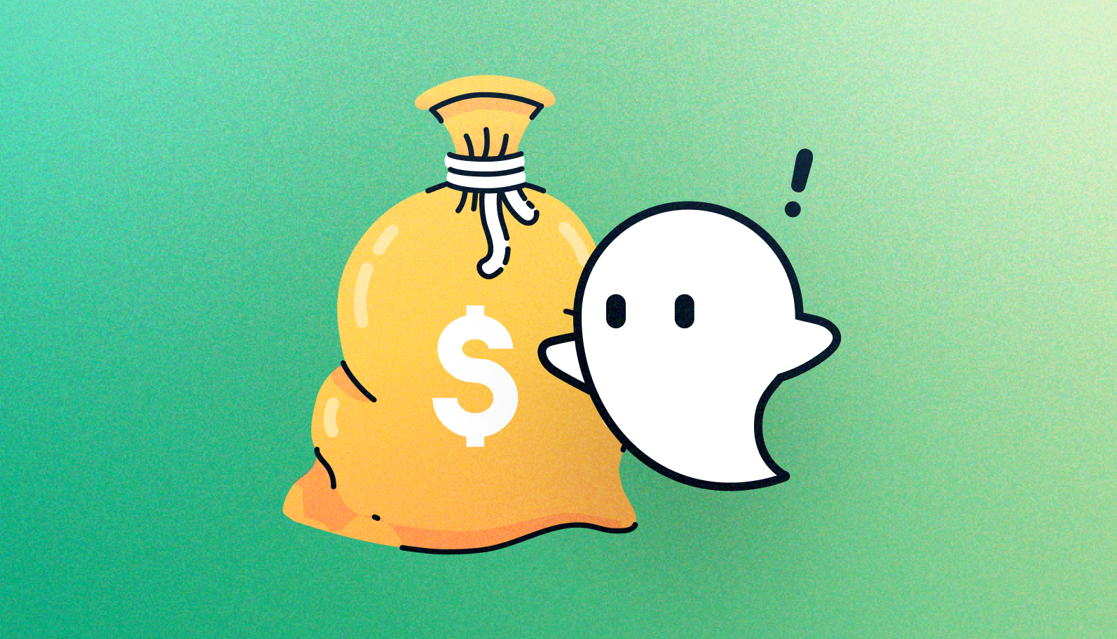 ghostie with exclamation above head, next to a giant money bag
