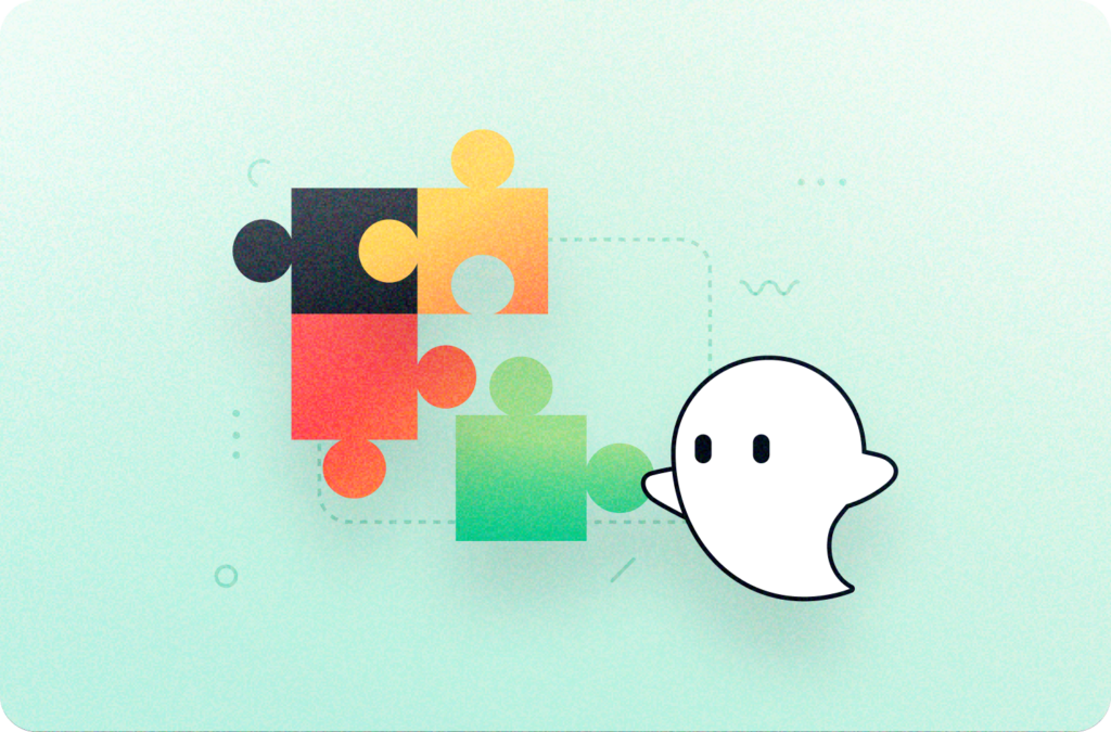 Ghost Inspector mascot ghostie connecting the 4th piece to a puzzle.