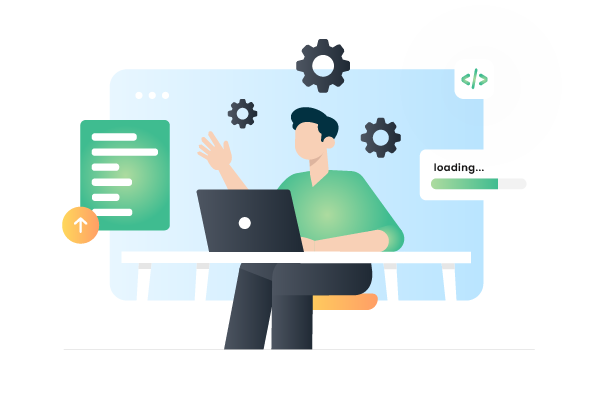 Male product manager at desk with laptop