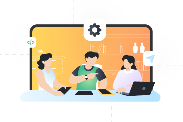 3 people sitting at table with laptops and ipads