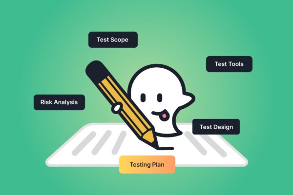 Ghostie Avatar surrounded by the words test scope, testing plan, test tools, test design, and risk analysis