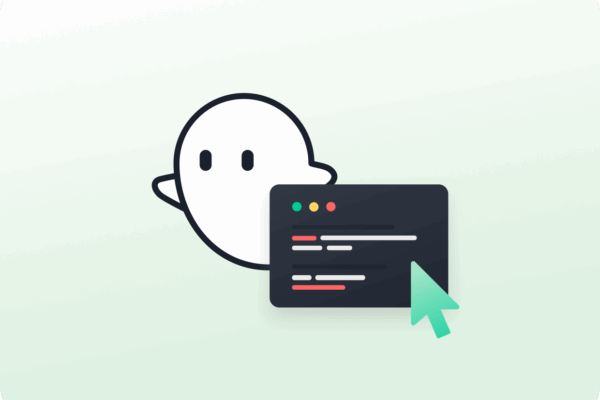 Ghost Inspector mascot Ghostie behind a screen of code and a mouse avatar