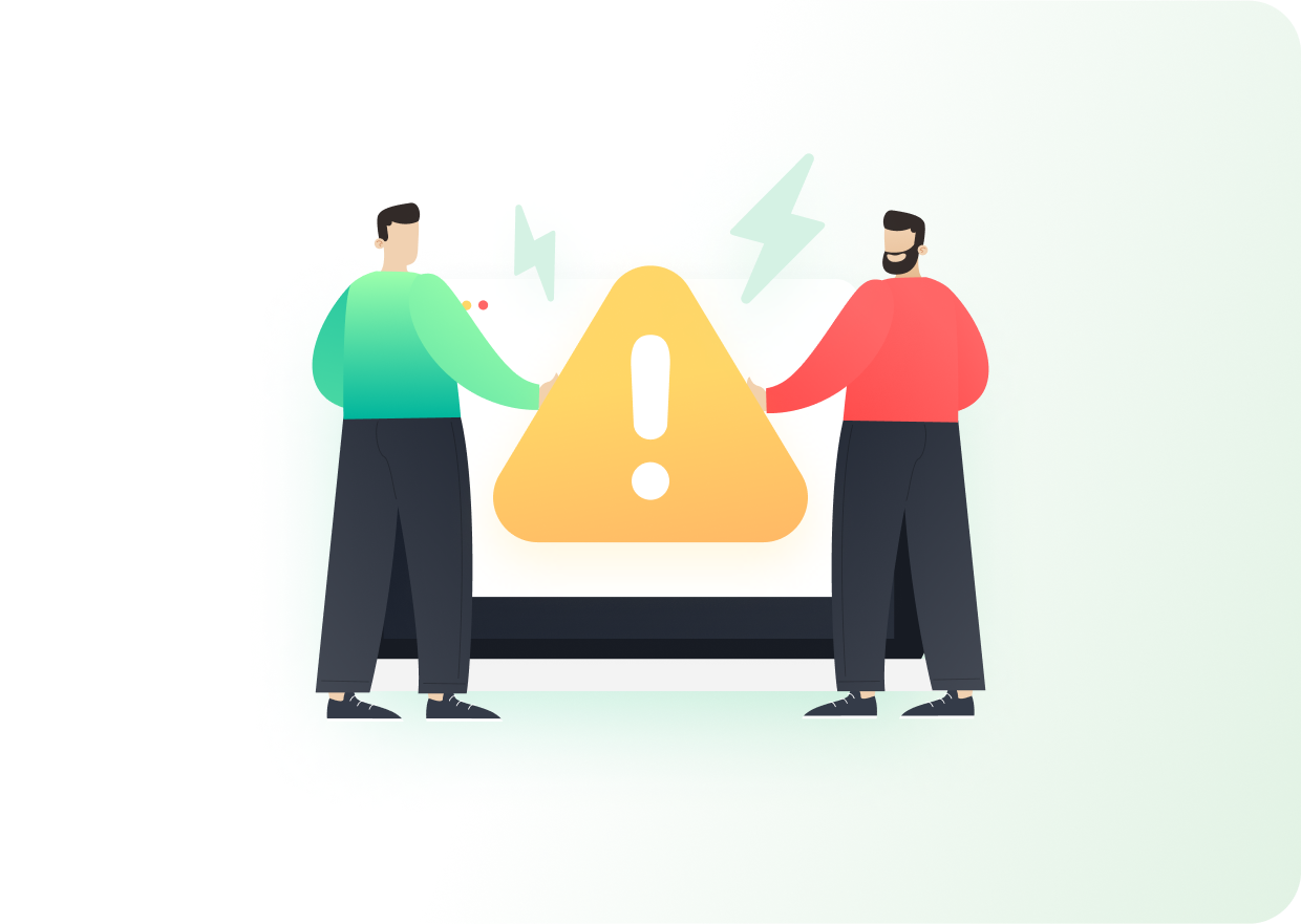 two men shaking hands behind a yellow exclamation point sign