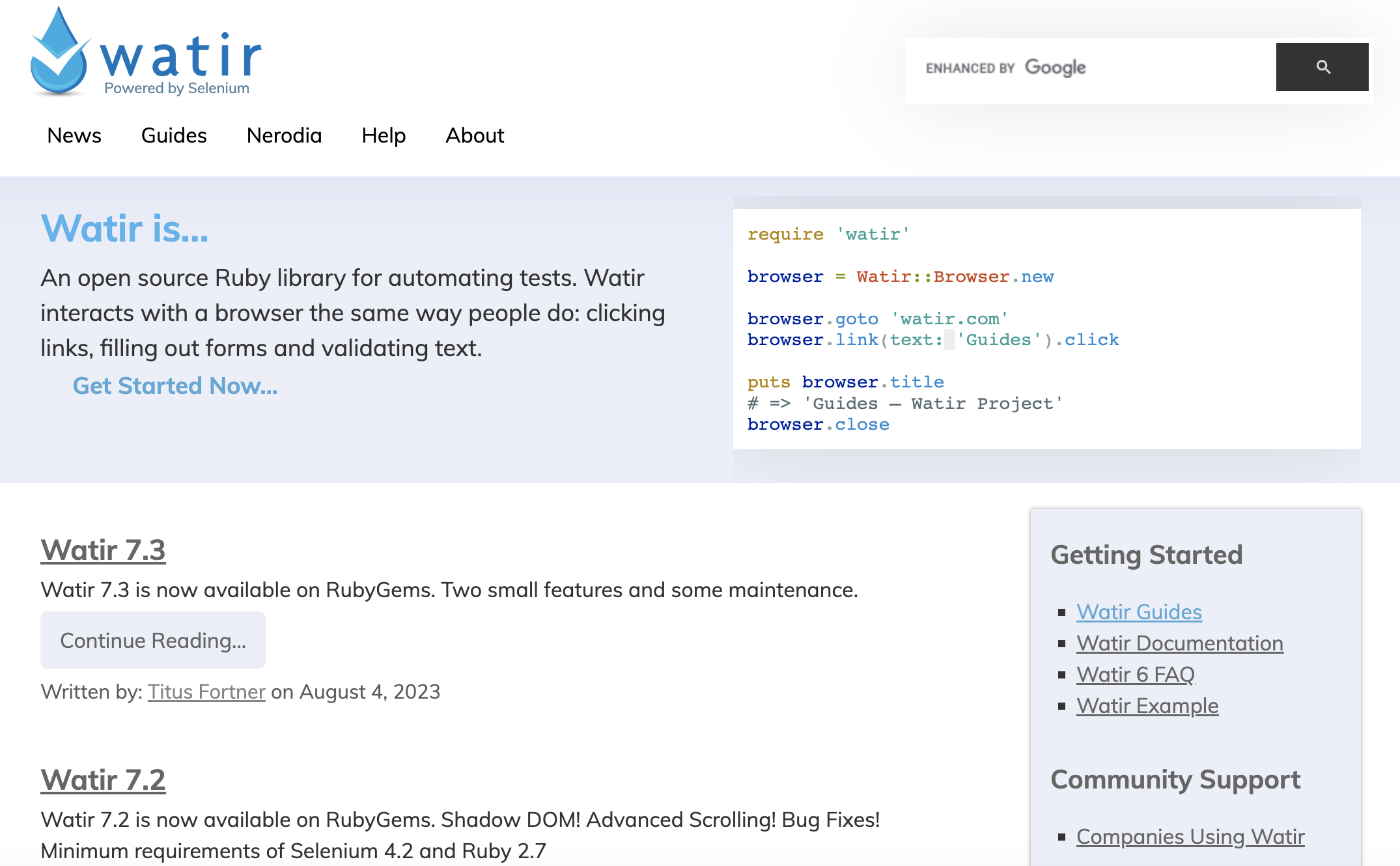 Watir website front page