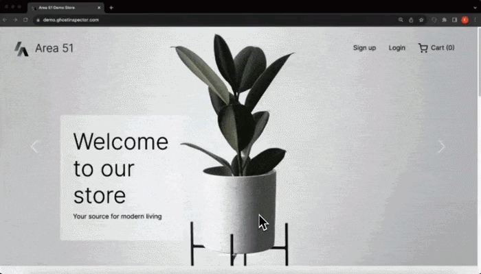 Ghost Inspector automated test interacting with an eCommerce homepage, clicking elements on a store landing page