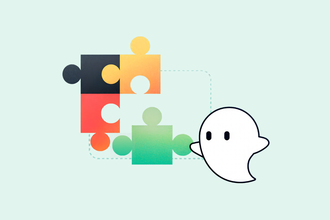 Colorful puzzle pieces joined by a dotted line to the Ghost Inspector ghost, showing connected components working together.